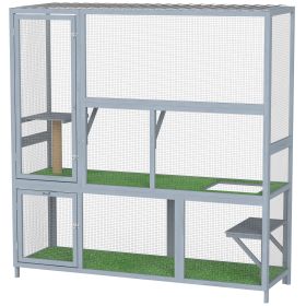 Catio Outdoor Cat Enclosure, 77" H Wooden Cat House with Weatherproof Roof, Platforms and Scratching Post