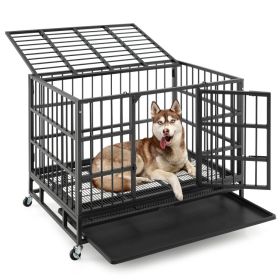 38 Inch Foldable Heavy-Duty Metal Dog Cage with Lockable Rolling Casters and Tray (size: 38 inches)